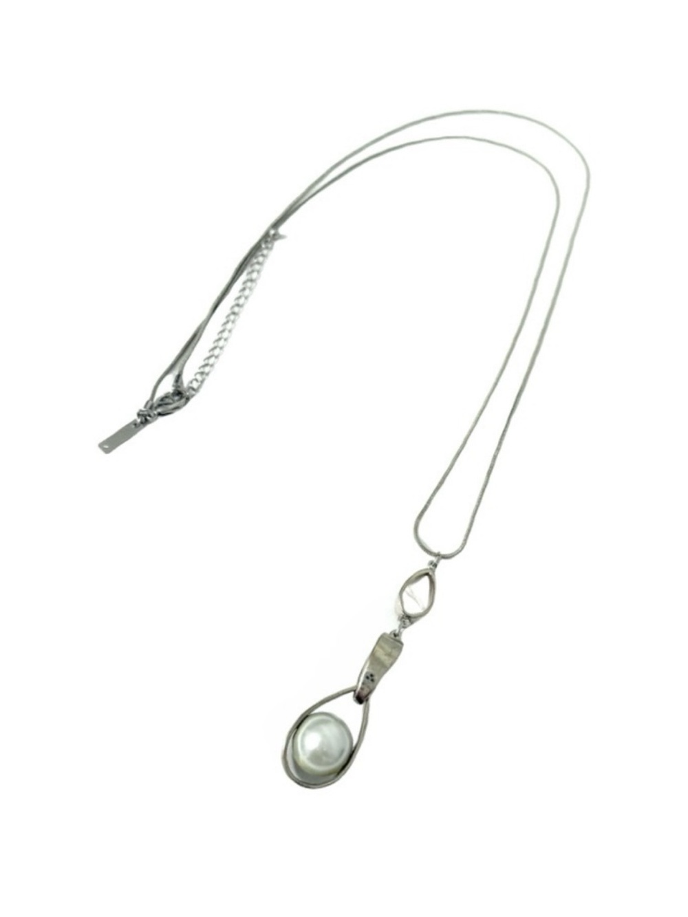 WHBM Long Chain Necklace Faux Pearl Pendant Silver